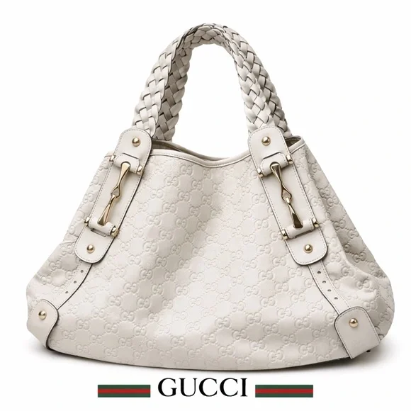 Gucci GG Monogram Embossed Leather Hobo Bag Ivory White Braided Handle - Picture 1 of 13